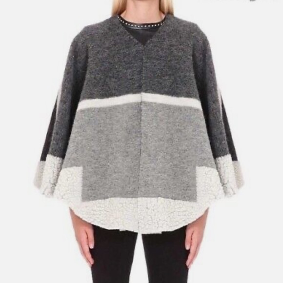 Maje Woven Gray Color Block Panel Wool Blend Womens Poncho One Size - Picture 2 of 7
